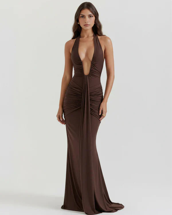 VORELIA | Halter Neck Plunge Maxi Dress