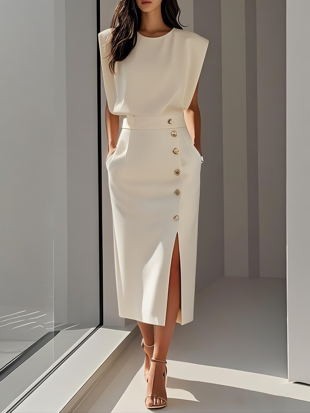 GENEVIÈVE | Solid Midi Dress with Button Slit and Round Neckline