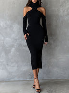 STEFANIE | Elegant Cutout Shoulder Black Ribbed Knit Midi Dress