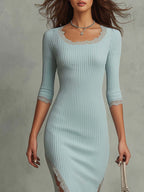 MADDY | Vintage Lace-trimmed Hem Ribbed Midi Dress