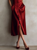 BRICE | Elegant Burgundy Satin Sleeveless Button-Down Midi Dress