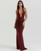 VORELIA | Halter Neck Plunge Maxi Dress