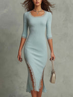 MADDY | Vintage Lace-trimmed Hem Ribbed Midi Dress