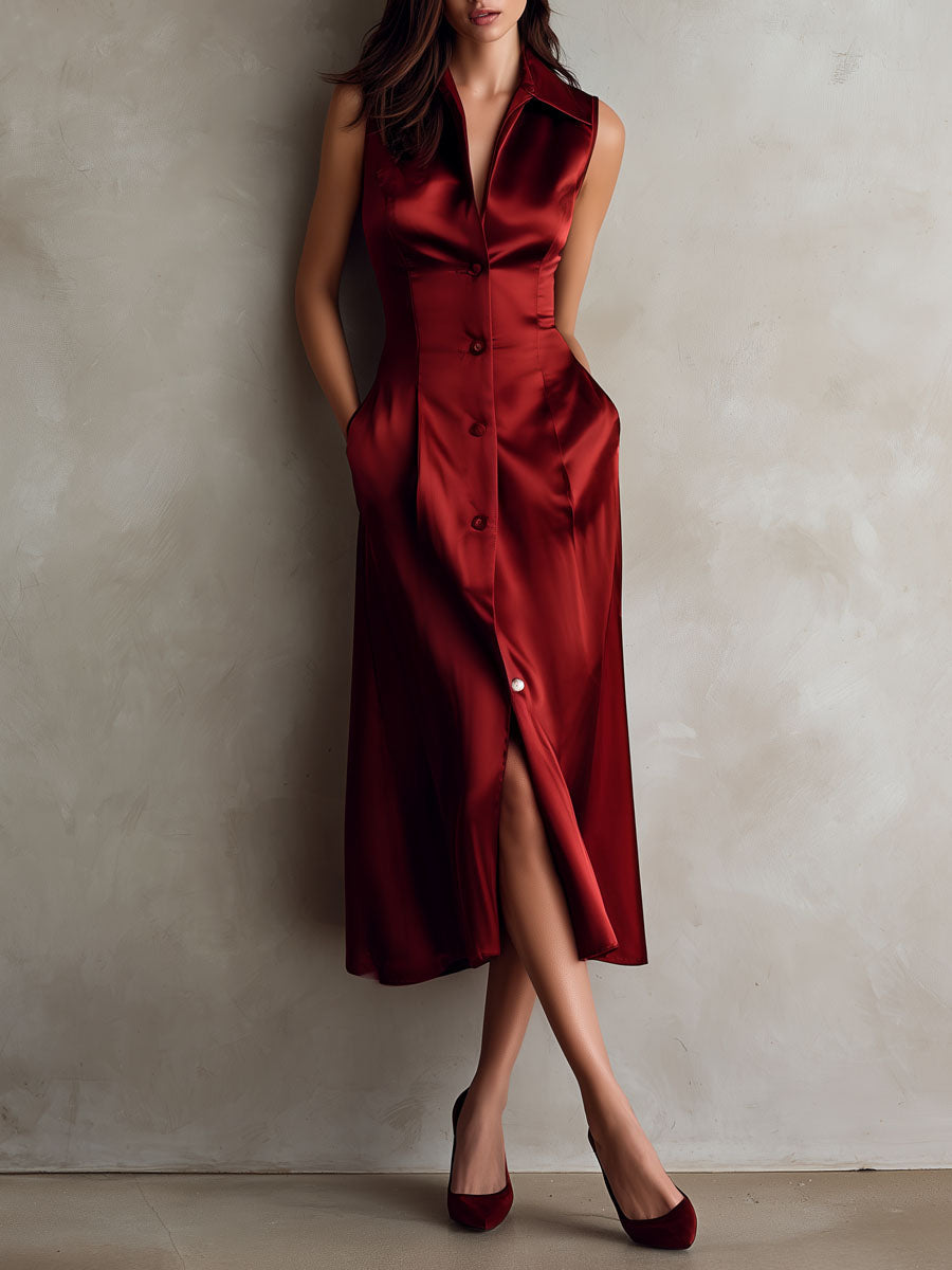 BRICE | Elegant Burgundy Satin Sleeveless Button-Down Midi Dress