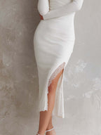 LAURA | Retro Square Neck Knit Hem Split Lace Midi Dress