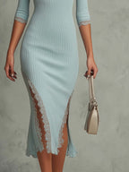 MADDY | Vintage Lace-trimmed Hem Ribbed Midi Dress