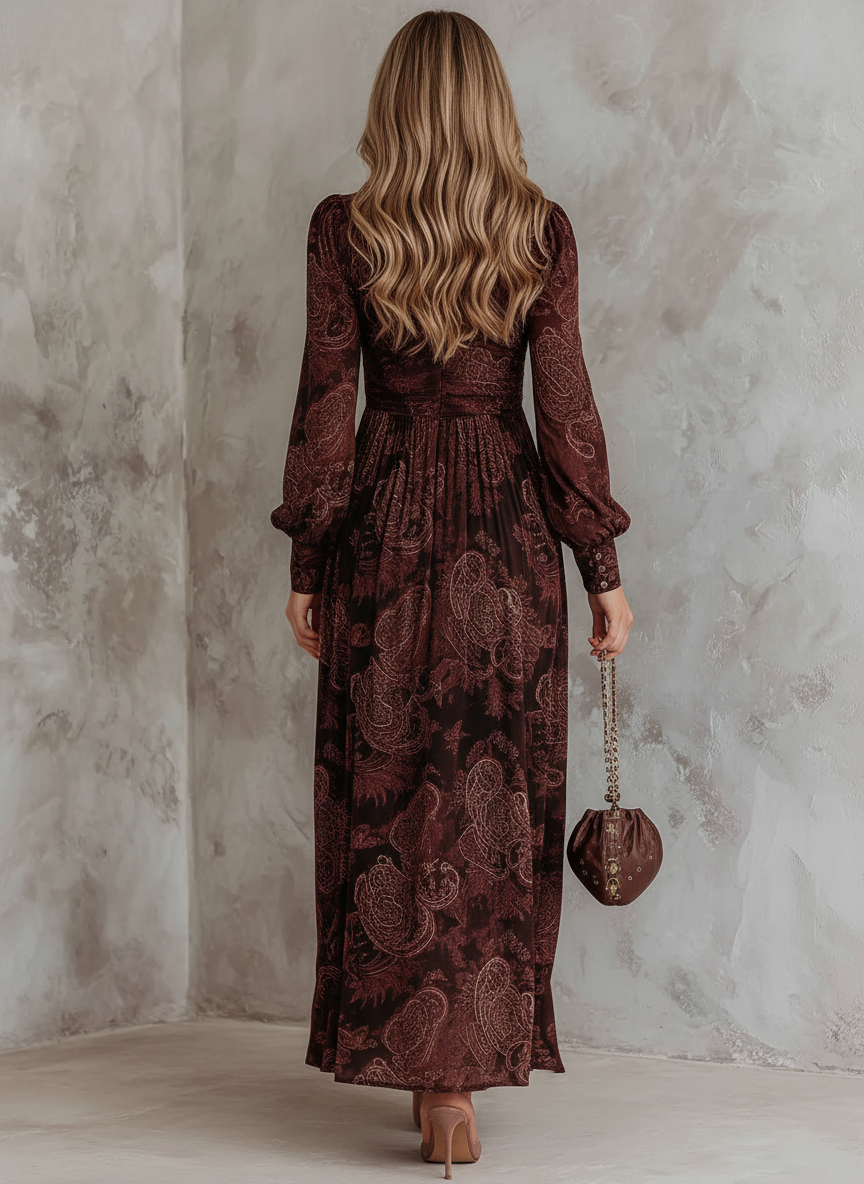 VALERIE | Retro Zipper Neck Long Sleeve Paisley Print Midi Dress