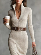 DIANE | Knitted Midi Dress with Belt and High Neck