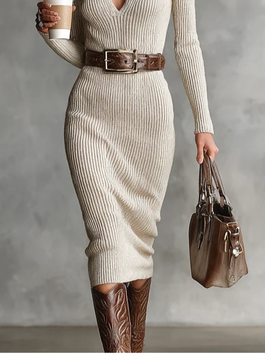 DIANE | Knitted Midi Dress with Belt and High Neck