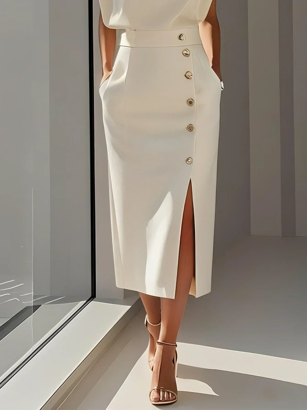 GENEVIÈVE | Solid Midi Dress with Button Slit and Round Neckline