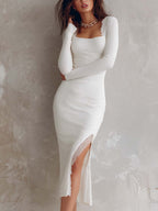 LAURA | Retro Square Neck Knit Hem Split Lace Midi Dress