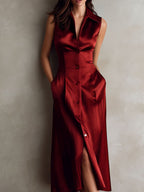 BRICE | Elegant Burgundy Satin Sleeveless Button-Down Midi Dress